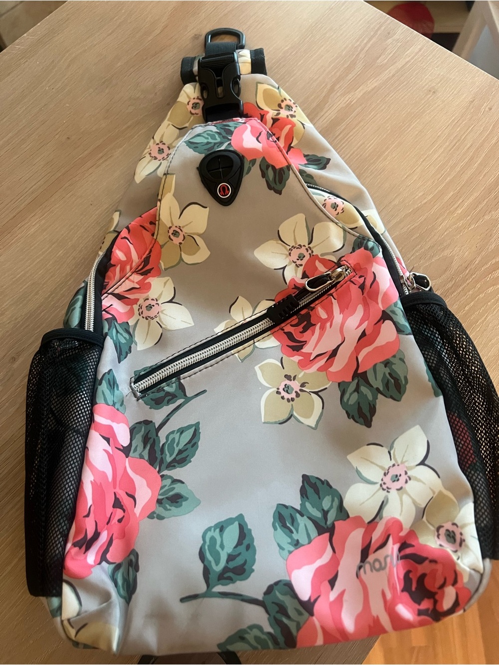 Women's Floral Sling Backpack in Gray and Pink